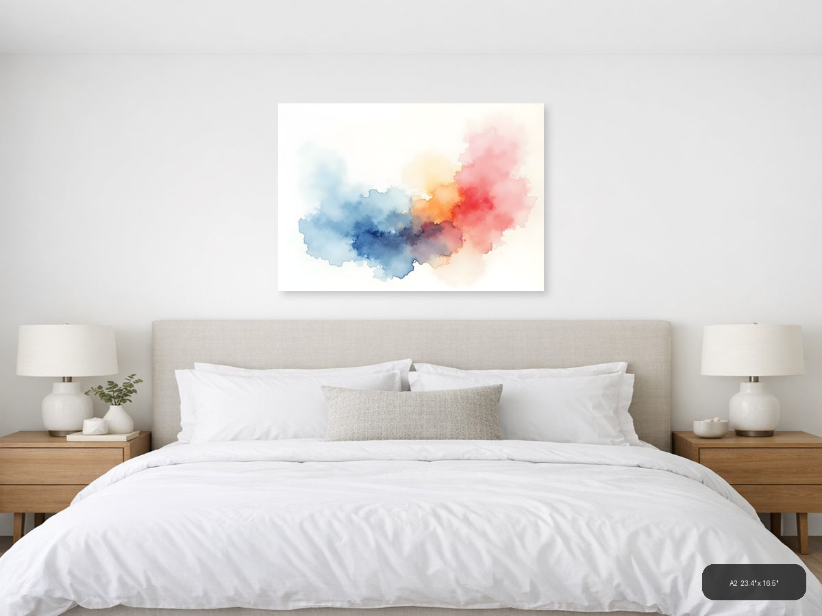 Abstract Watercolor Map China Blue Red Pink Wall Art — A2 / Bedroom