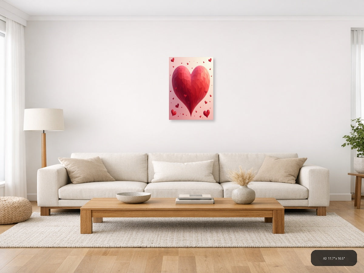 Large Red Polygonal Heart with Floating Hearts | Abstract Love Wall Art — A3 (Living Room)