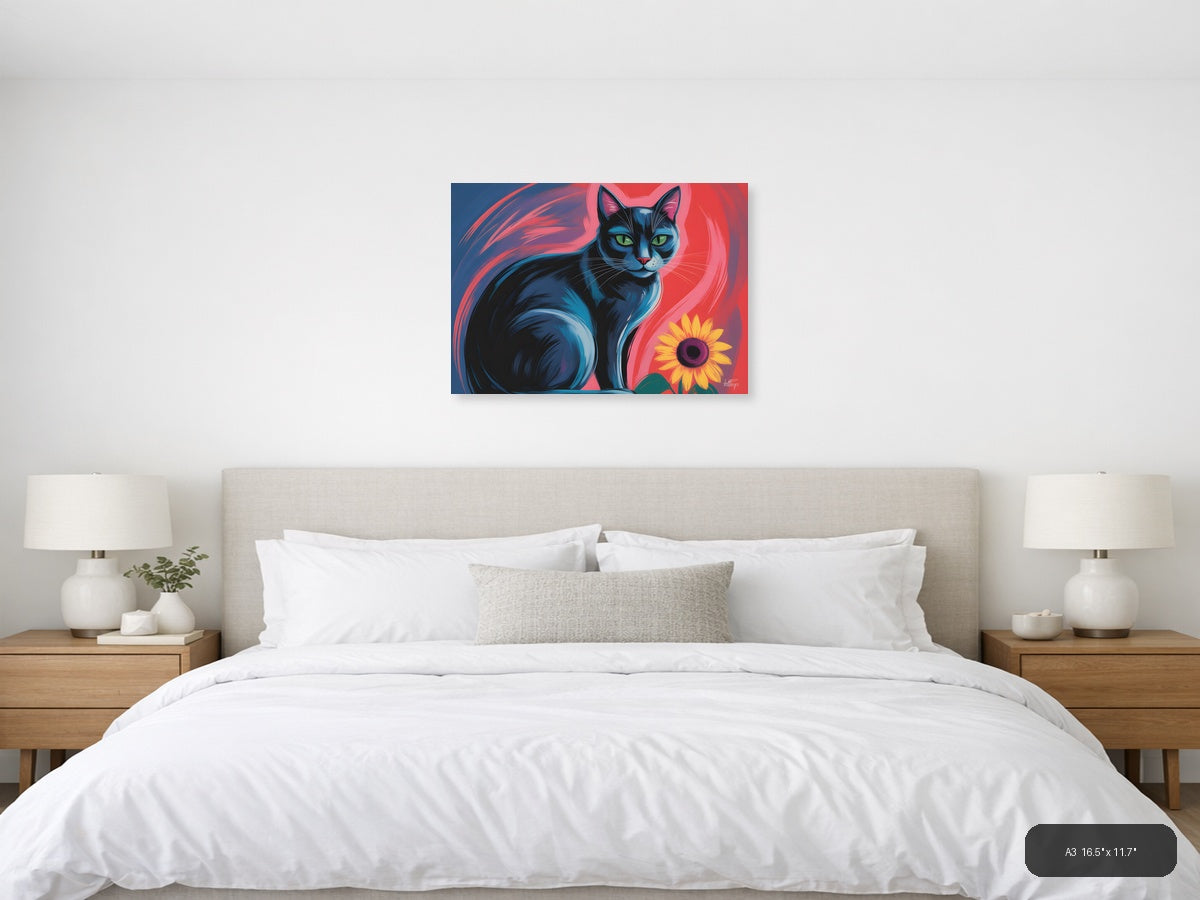 Blue Cat with Sunflower Abstract Pop Art Wall Art — A3 / Bedroom