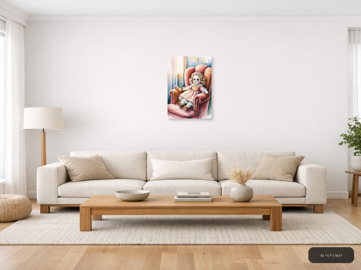 Vintage Doll in Pink Chair Watercolor Wall Art — A3 / Living Room