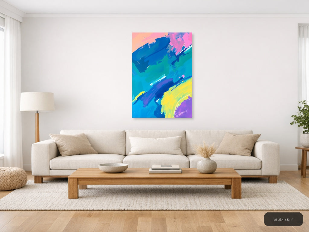 Vibrant Abstract Brushstrokes Neon Blue Pink Yellow Wall Art — A1 / Living Room