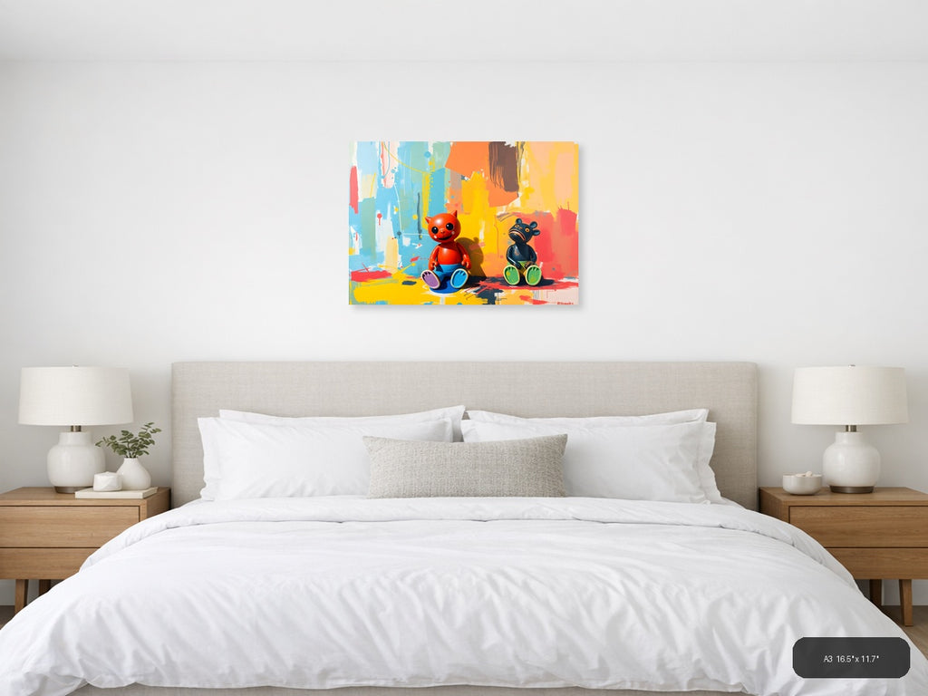 Colorful Cat & Bear Abstract Canvas Wall Art — A3 / Bedroom
