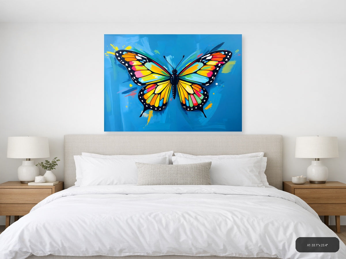 Vibrant Rainbow Butterfly Abstract Blue Wall Art — A1 / Bedroom