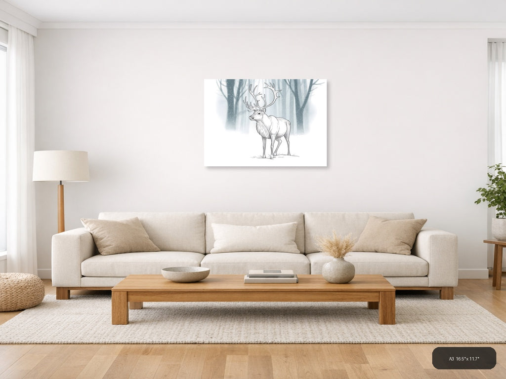 Majestic Deer with Antlers Winter Forest Line Art Wall Art — A3 / Living Room
