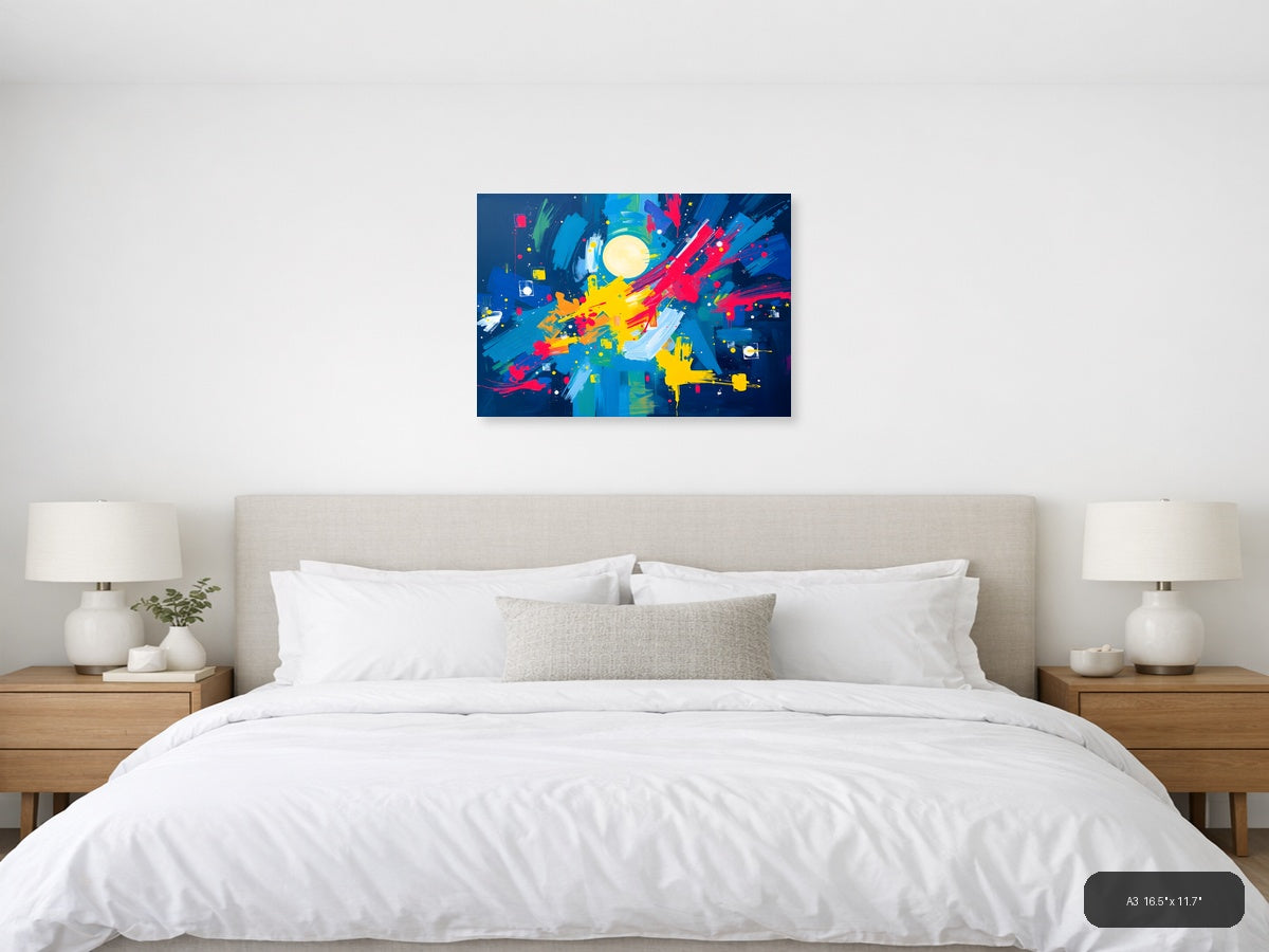 Abstract Cosmic Explosion with Moon & Burst Colors Wall Art — A3 / Bedroom
