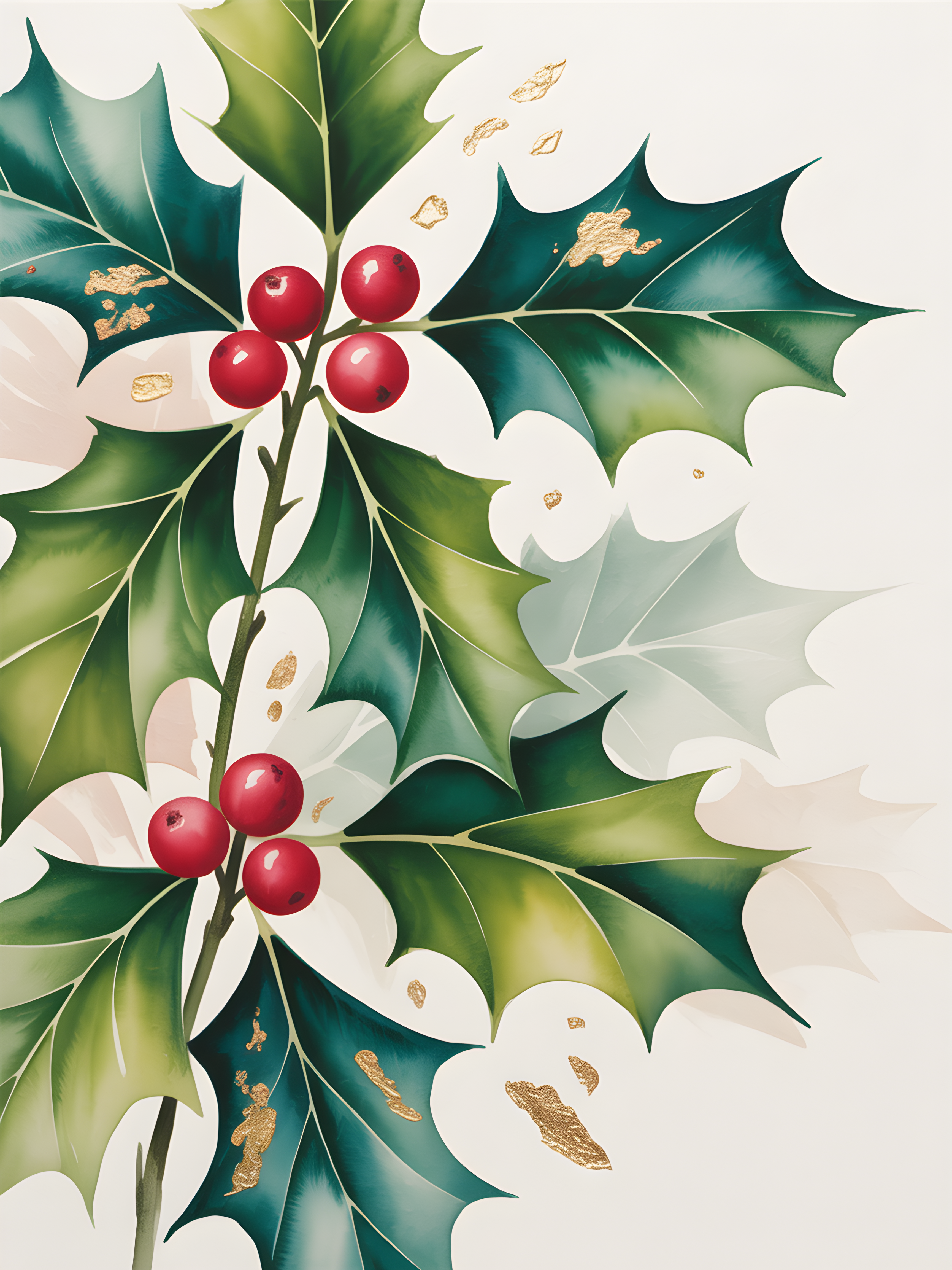 Holly Berries & Flowers Watercolor Portrait Wall Art