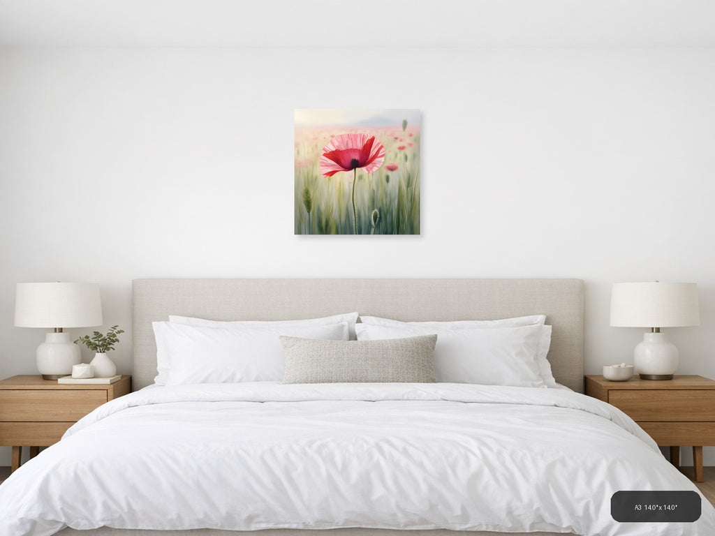 Red Poppy Watercolor Flower Field Wall Art — A3 / Bedroom