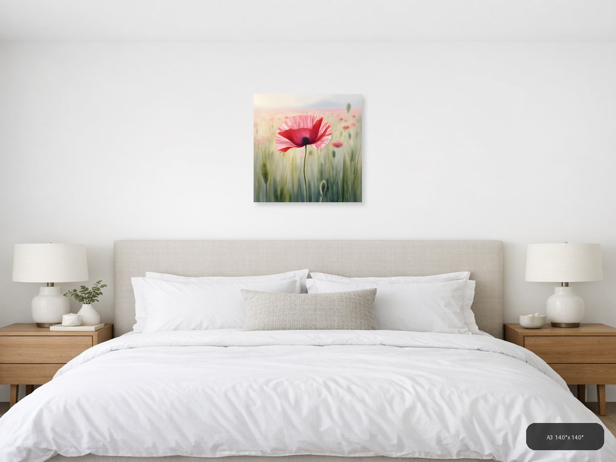 Red Poppy Watercolor Flower Field Wall Art — A3 / Bedroom