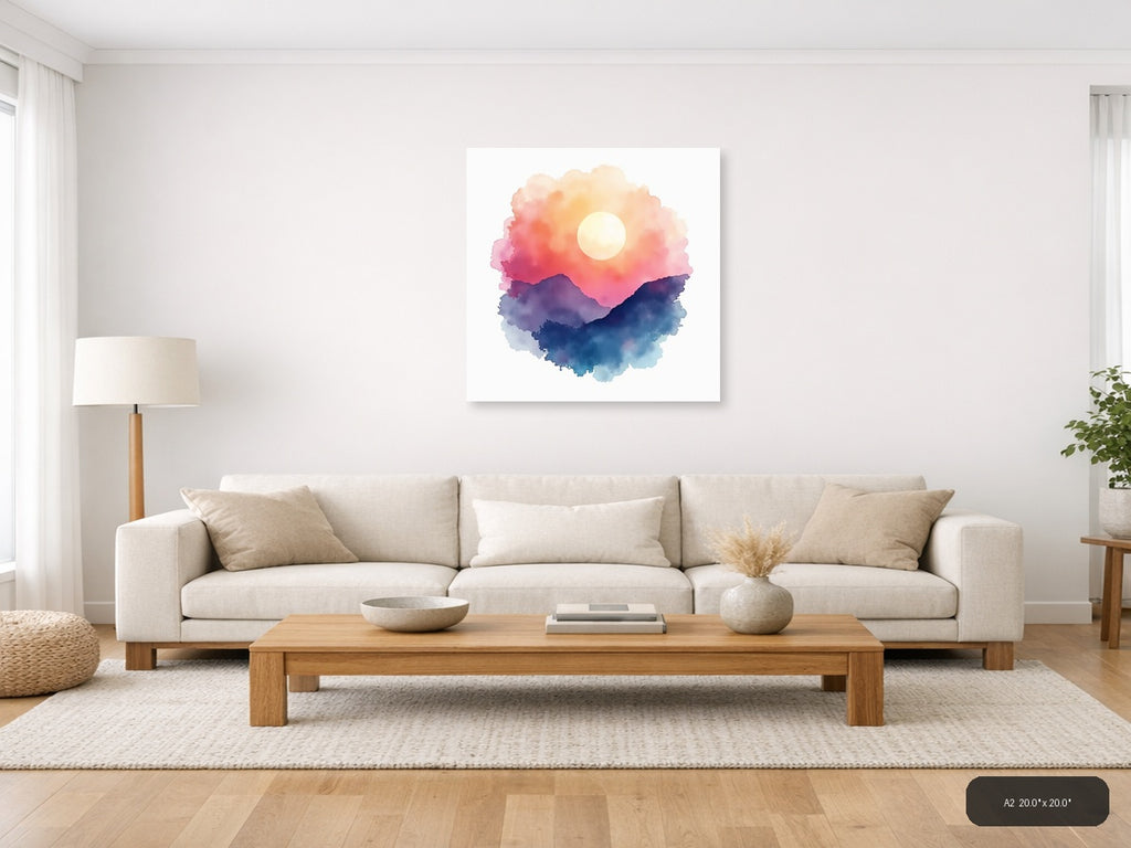 Watercolor Mountain Sunset with Moon Wall Art — A2 / Living Room