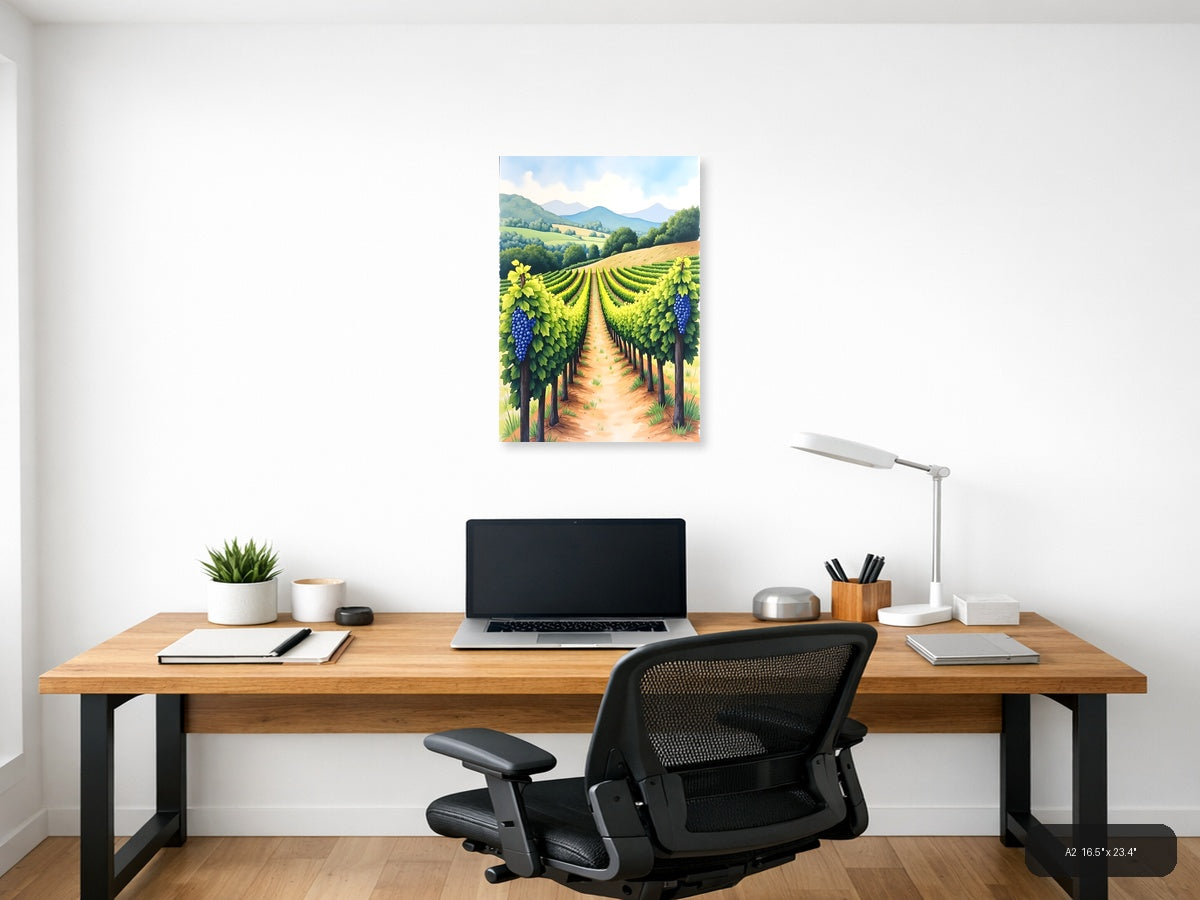 Vineyard Landscape Watercolor Wine Country Wall Art — A2 / Office
