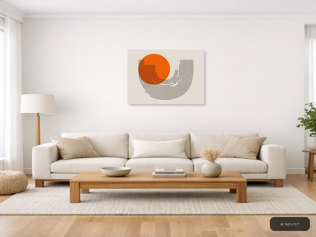 Orange Circle Line Art Modern Abstract Wall Art — A3 / Living Room