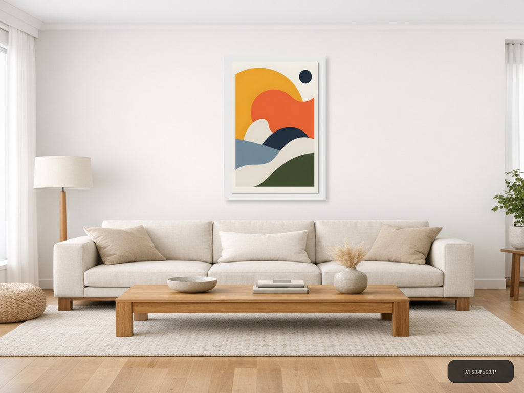 Minimalist Landscape with Sun and Waves Wall Art — A1 / Living Room