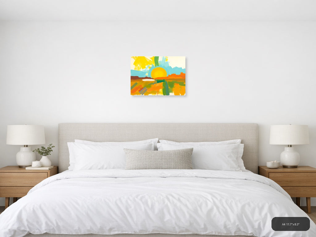 Abstract Sunset Landscape with Yellow Sun Wall Art — A4 / Bedroom