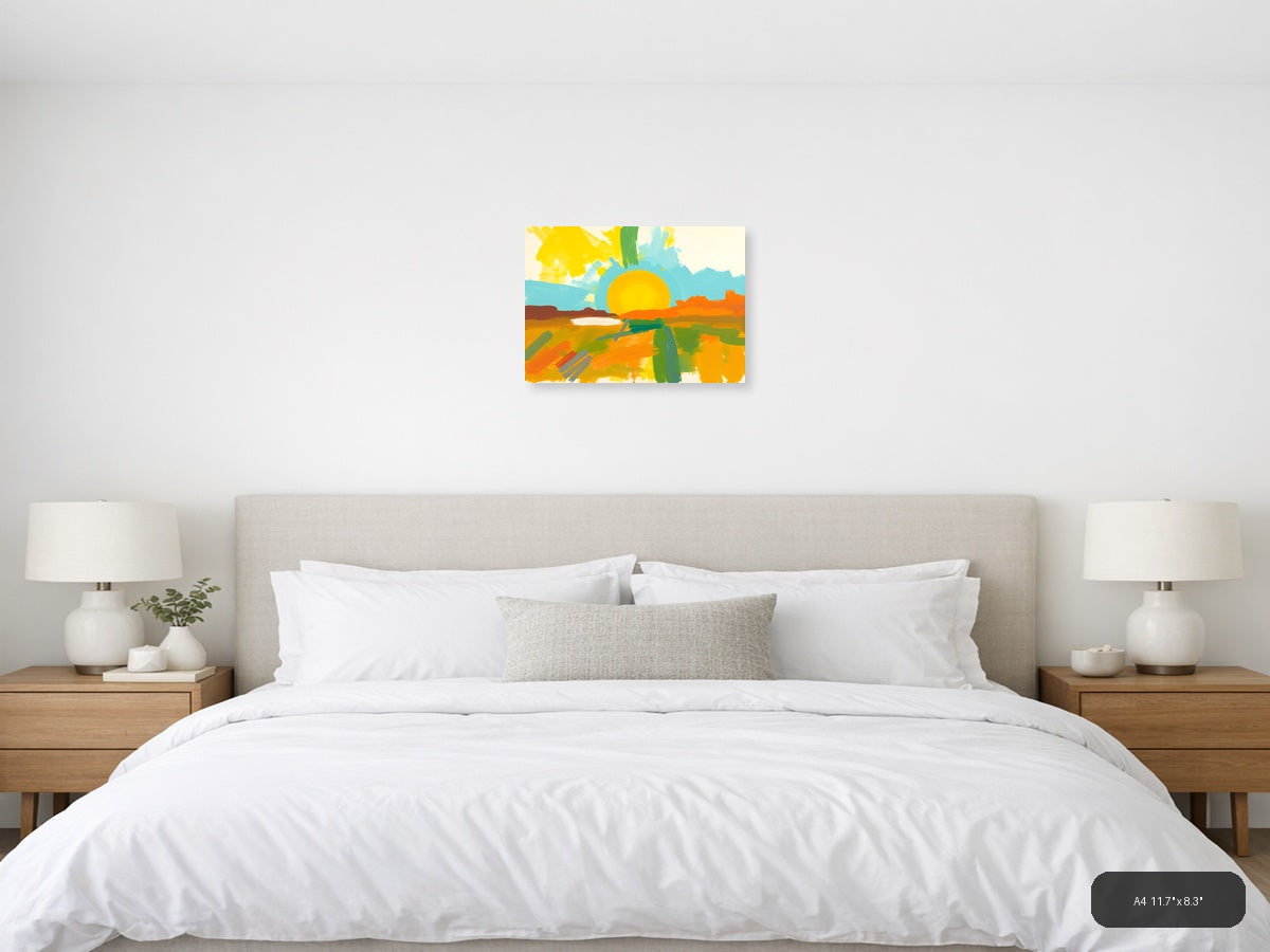 Abstract Sunset Landscape with Yellow Sun Wall Art — A4 / Bedroom