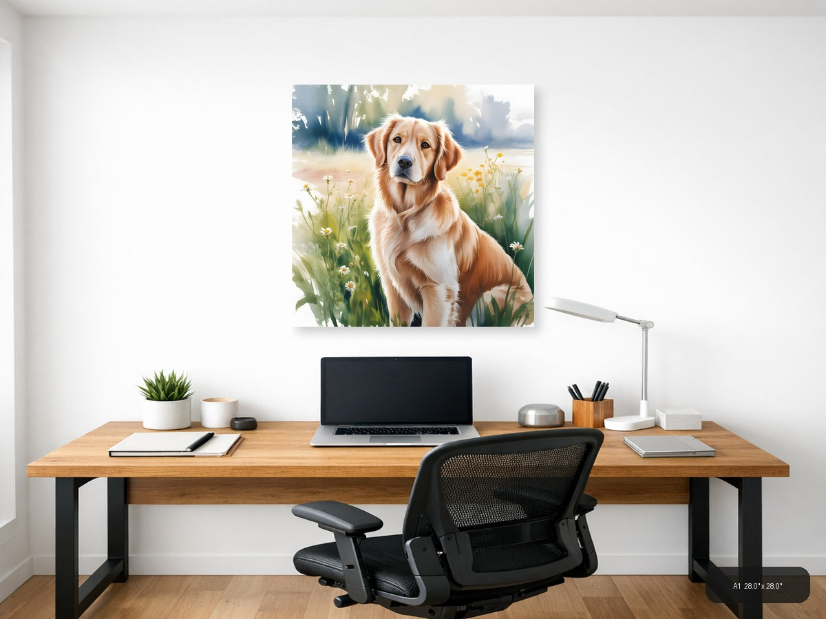 Golden Retriever in Wildflowers Watercolor Wall Art — A1 / Office