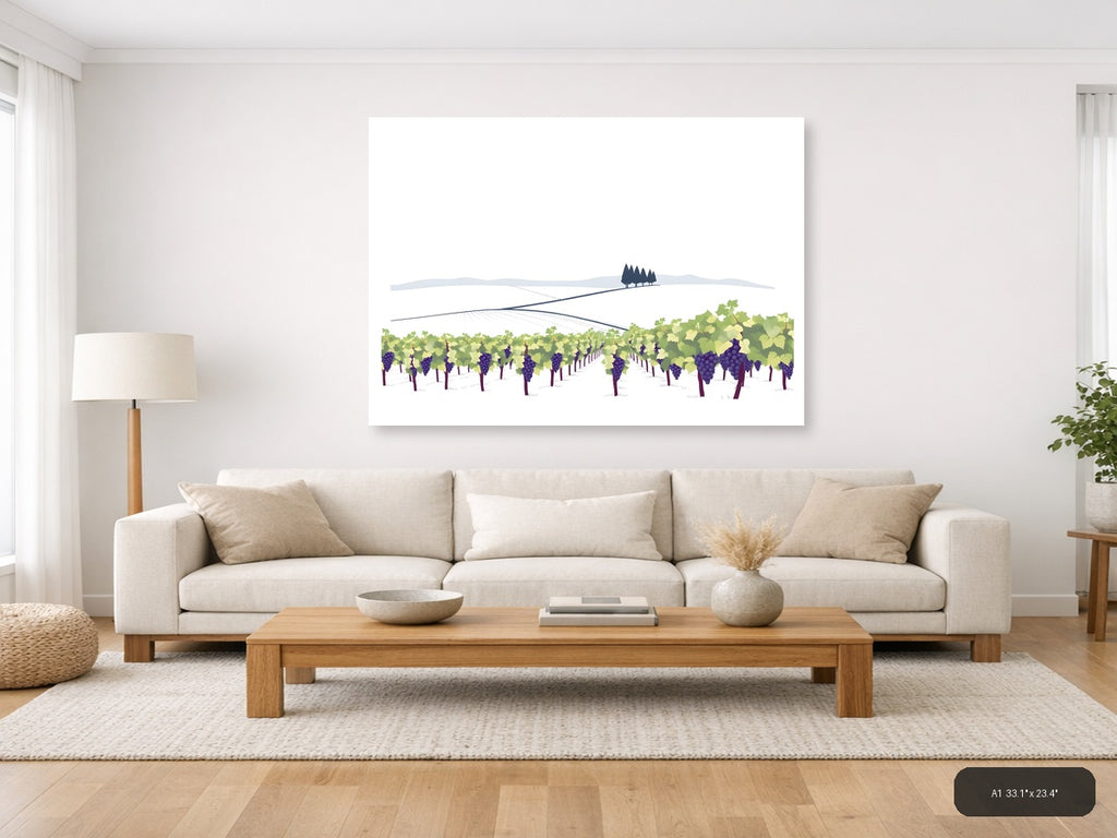 Minimalist Vineyard Landscape with Rolling Hills Wall Art — A1 / Living Room