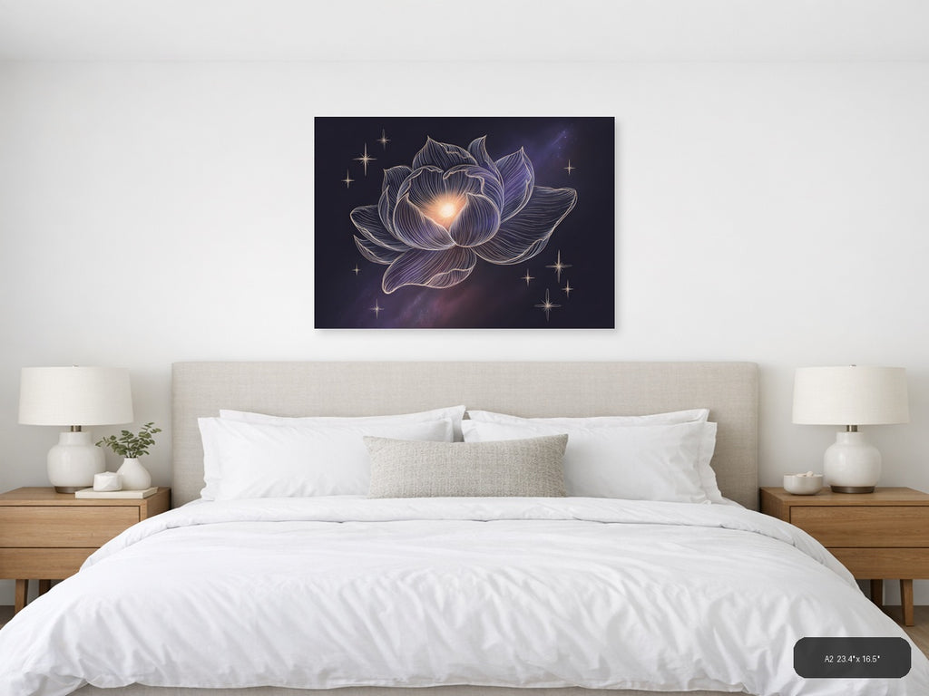 Glowing Lotus Flower Line Art With Stars Wall Art — A2 / Bedroom