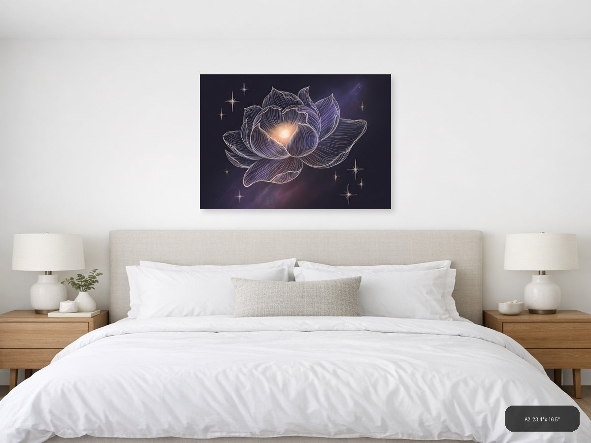 Glowing Lotus Flower Line Art With Stars Wall Art — A2 / Bedroom