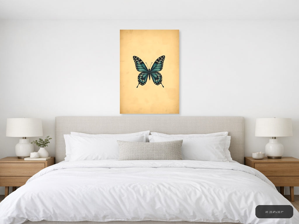 Vintage Teal Butterfly Illustration Wall Art — A1 / Bedroom