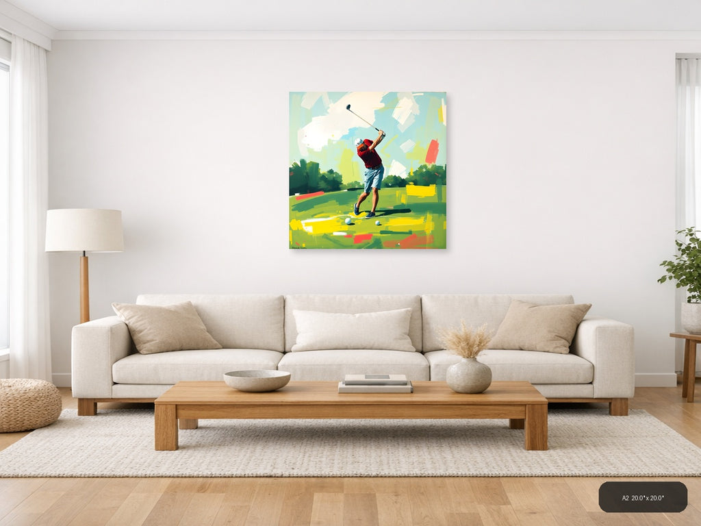Golfer Mid-Swing Abstract Green & Yellow Wall Art — A2 / Living Room