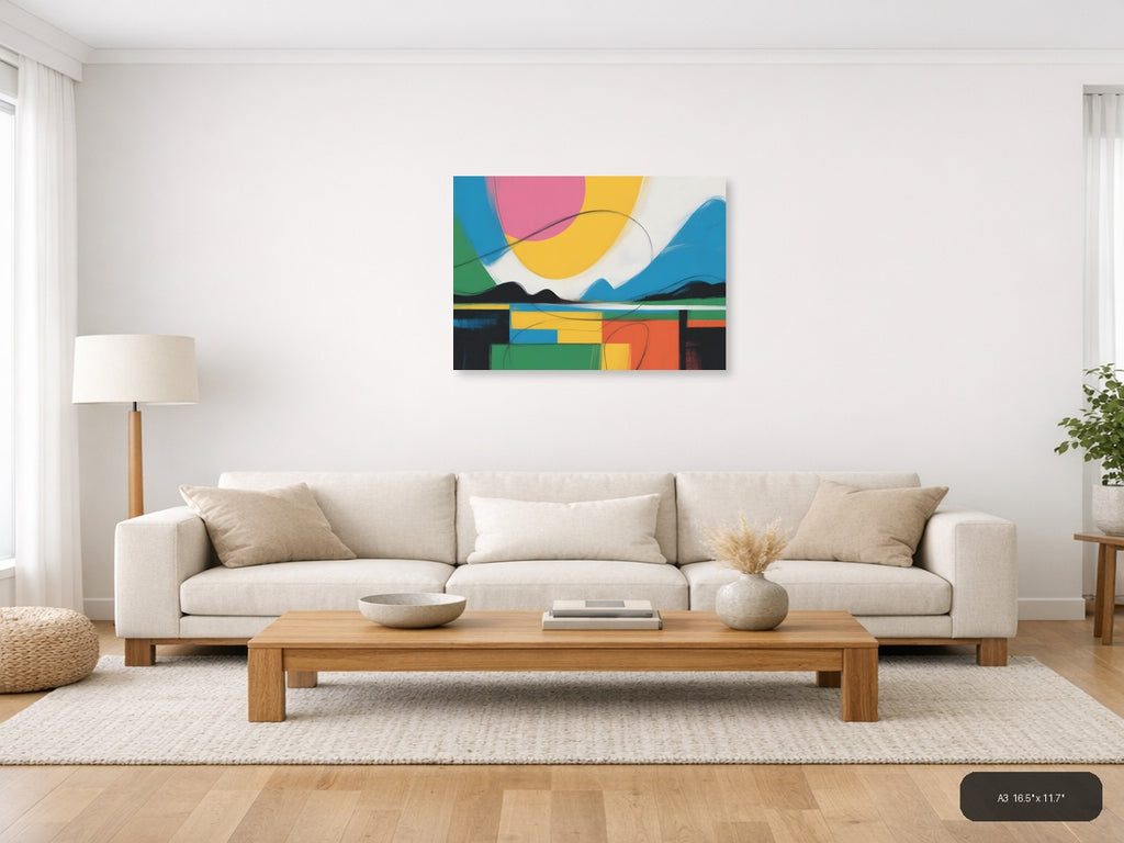Colorful Abstract Landscape with Geometric Shapes Wall Art — A3 / Living Room