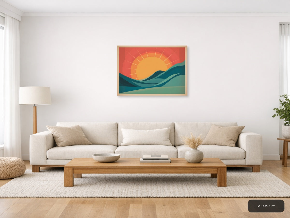 Vintage Sunrise Over Ocean Waves Wall Art — A3 / Living Room