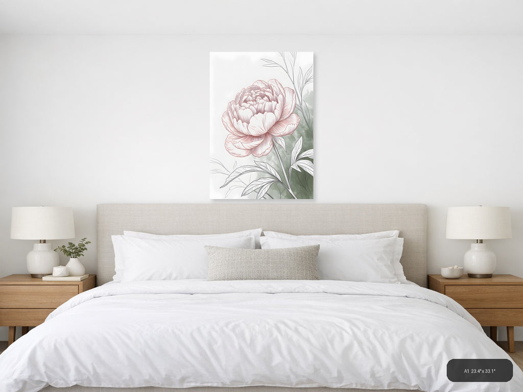 Pink Peony Line Art with Green Leaves Wall Art — A1 / Bedroom