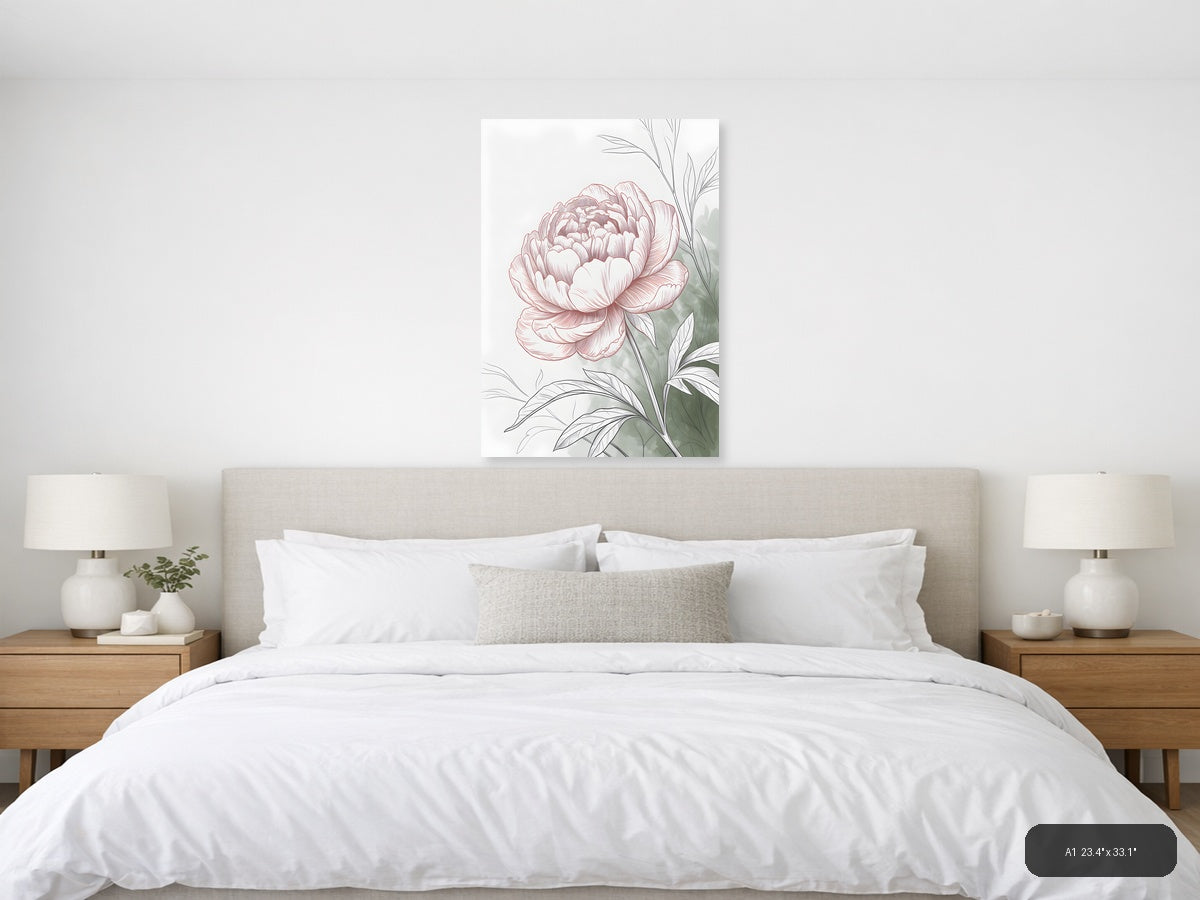Pink Peony Line Art with Green Leaves Wall Art — A1 / Bedroom
