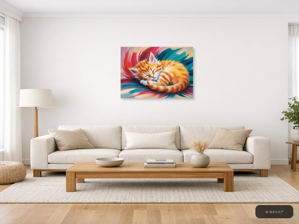 Sleeping Ginger Cat Abstract Brushstroke Wall Art — A3 / Living Room