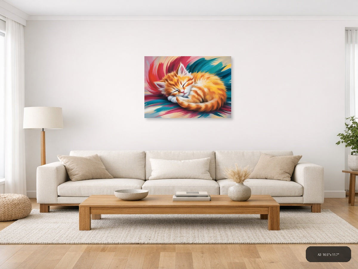 Sleeping Ginger Cat Abstract Brushstroke Wall Art — A3 / Living Room