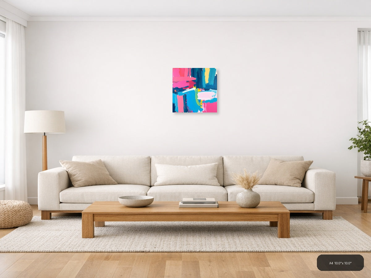 Vibrant Abstract Brushstrokes Cyan Pink Yellow Wall Art — A4 / Living Room