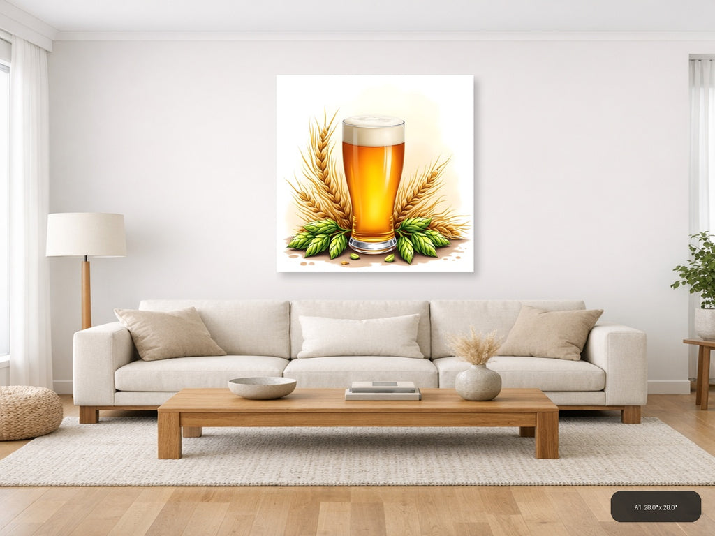 Beer Glass with Wheat and Hops Watercolor Wall Art — A1 / Living Room