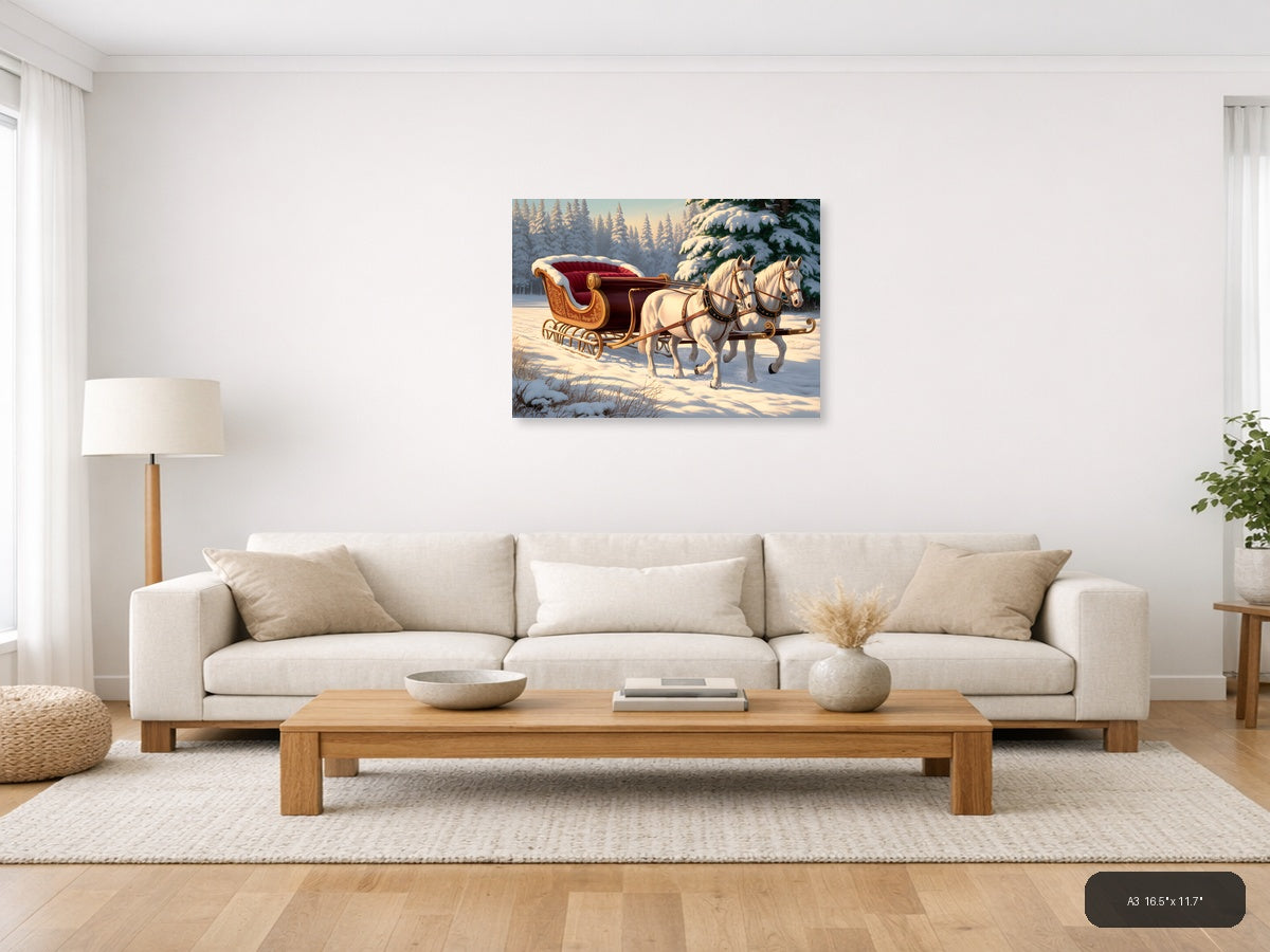 Vintage Christmas Sleigh with White Horses Wall Art — A3 / Living Room