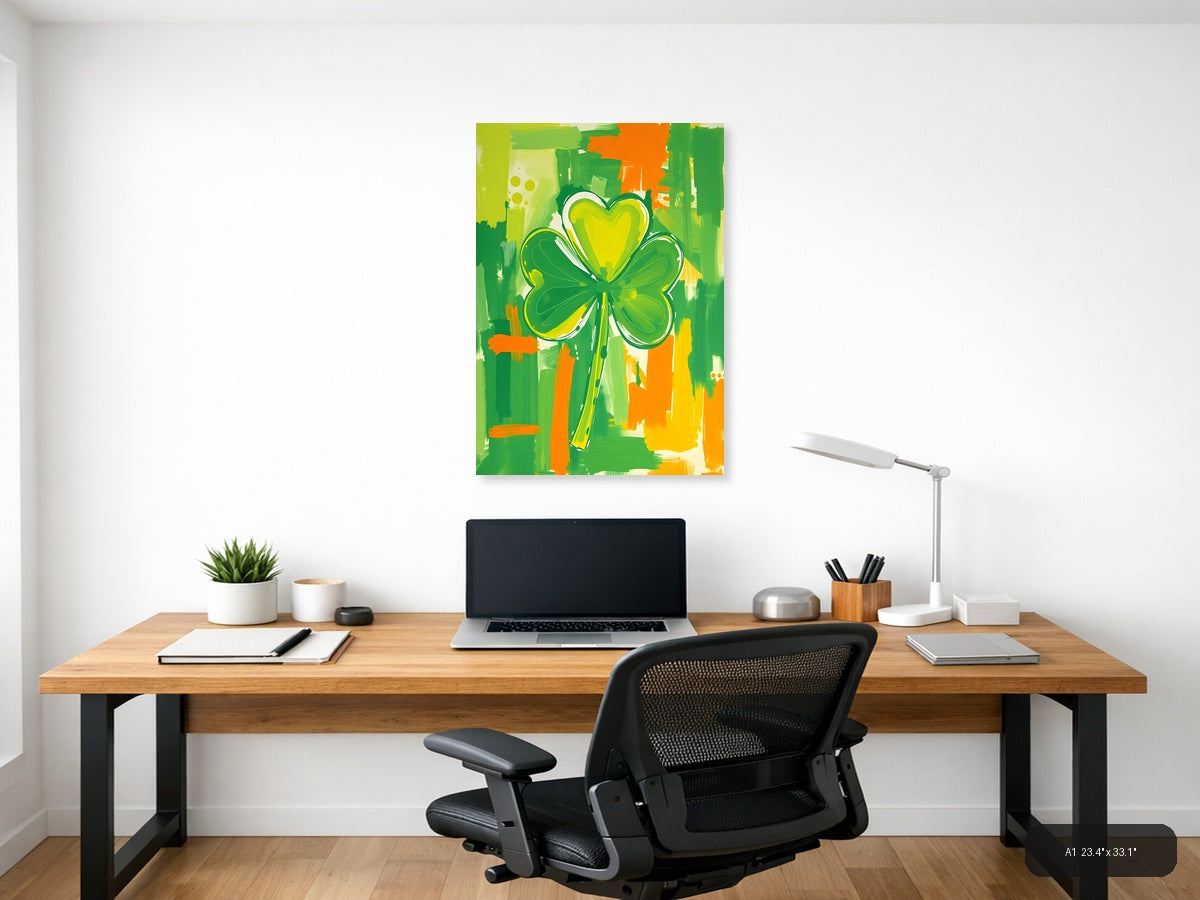 Abstract Four Leaf Clover with Heart - Green Wall Art — A1 / Office