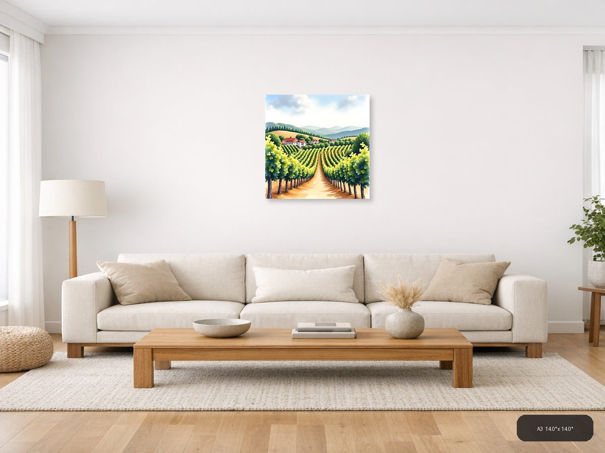 Tuscan Vineyard Watercolor Landscape Wall Art — A3 / Living Room