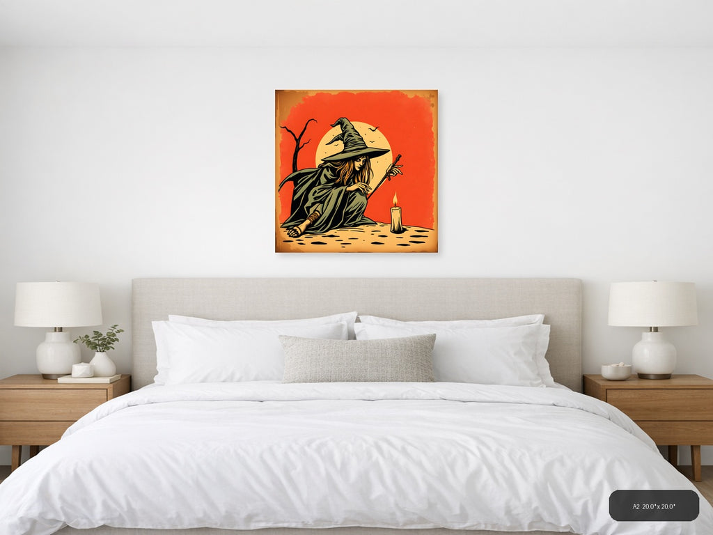 Vintage Witch with Broomstick Moon Wall Art — A2 / Bedroom