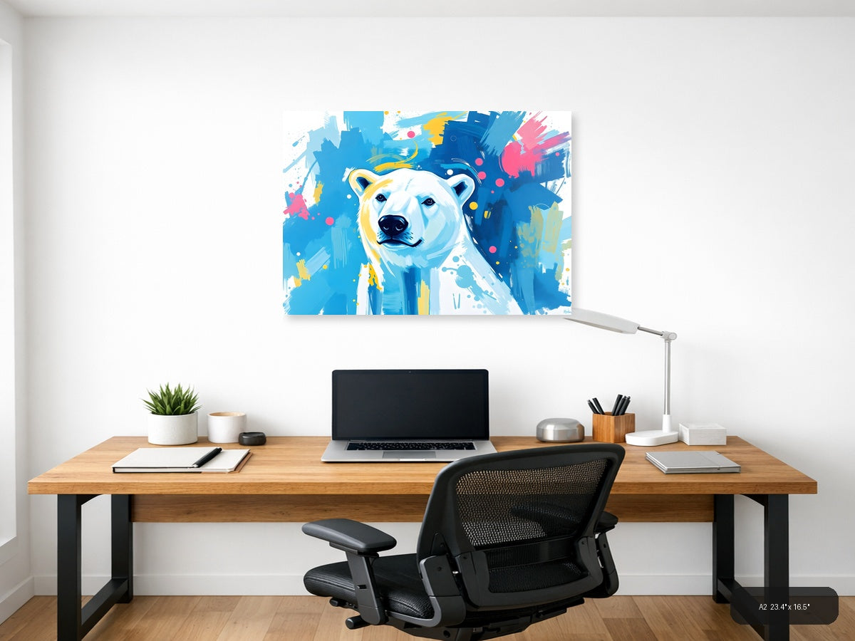 Abstract Polar Bear Portrait Blue Yellow Wall Art — A2 / Office