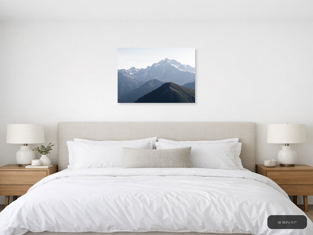 Solitary Hiker Mountain Peak Landscape | Minimalist Canvas Wall Art — A3 (Bedroom)
