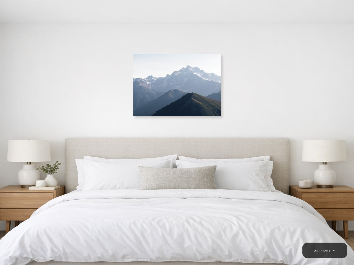 Solitary Hiker Mountain Peak Landscape | Minimalist Canvas Wall Art — A3 (Bedroom)