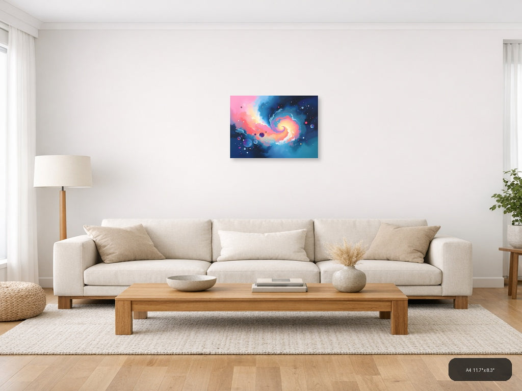 Cosmic Spiral Galaxy Abstract Pink Blue Wall Art — A4 / Living Room
