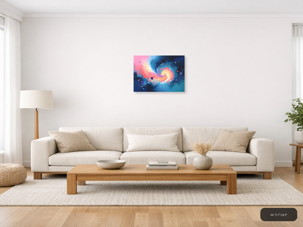 Cosmic Spiral Galaxy Abstract Pink Blue Wall Art — A4 / Living Room