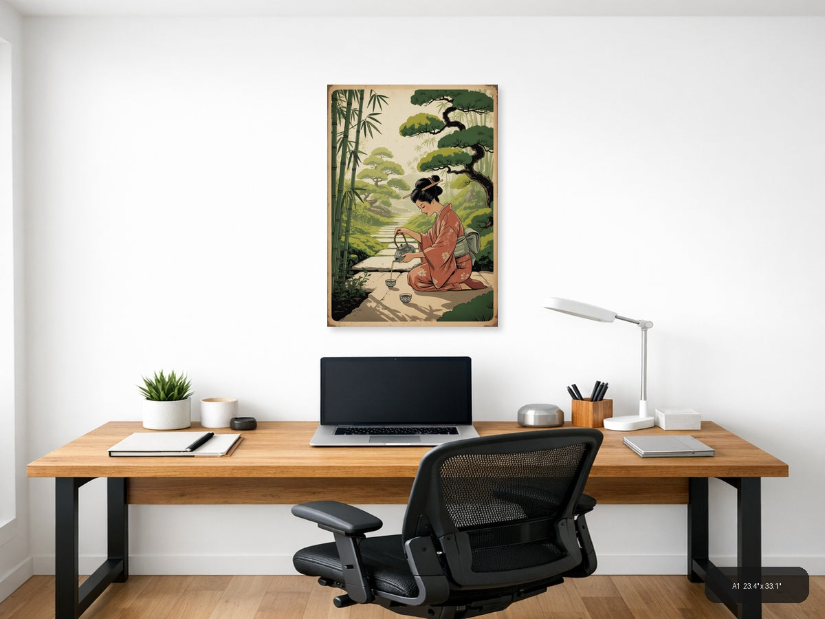 Vintage Asian Woman Pouring Tea in Garden Wall Art — A1 / Office