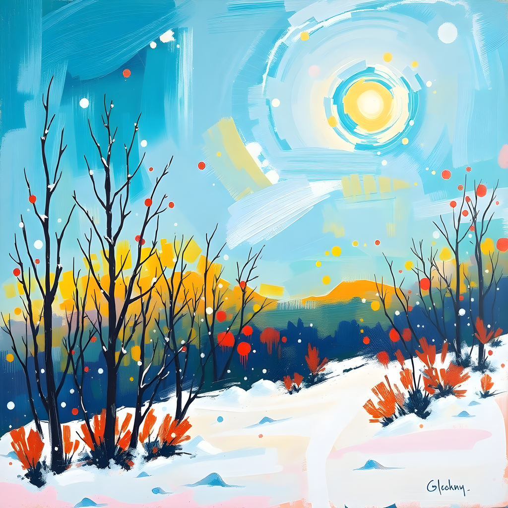 Abstract Winter Landscape with Golden Sun Wall Art