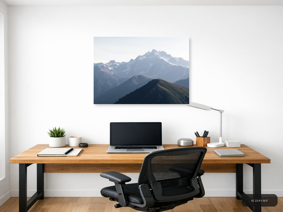 Solitary Hiker Mountain Peak Landscape | Minimalist Canvas Wall Art — A2 (Office)