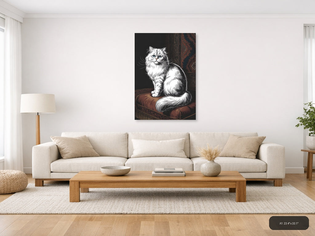 Fluffy White Cat Line Art Portrait Wall Art — A1 / Living Room