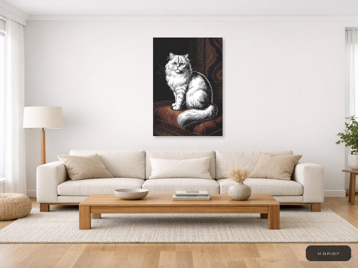 Fluffy White Cat Line Art Portrait Wall Art — A1 / Living Room