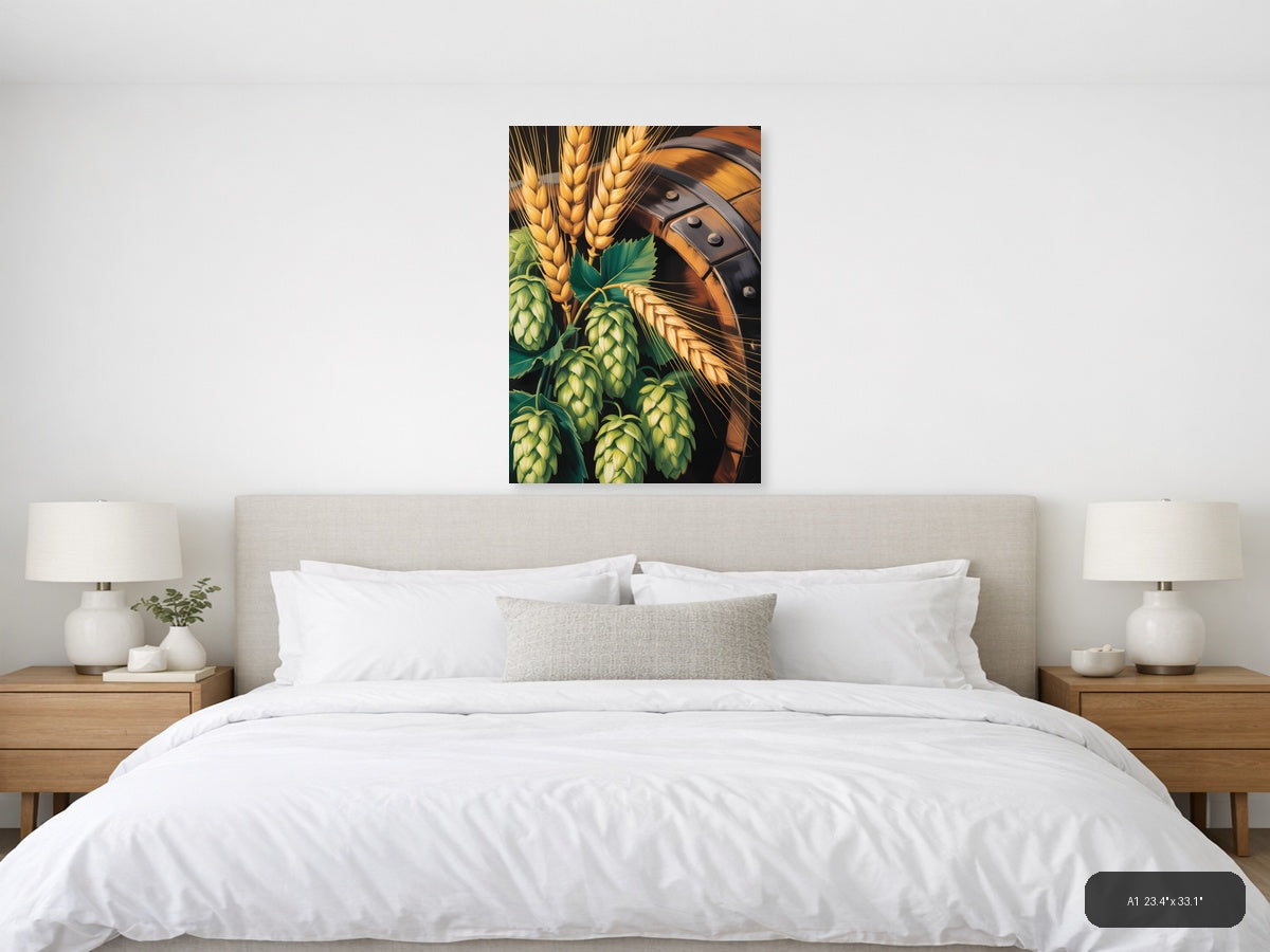 Beer Barrel & Hops Wheat Abstract Portrait Wall Art — A1 / Bedroom