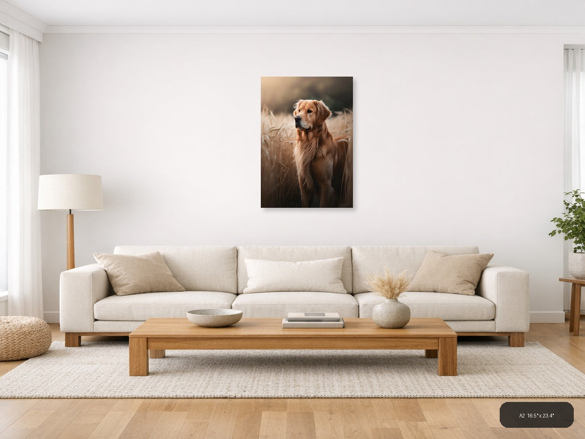 Golden Retriever in Wheat Field Photography Wall Art — A2 / Living Room