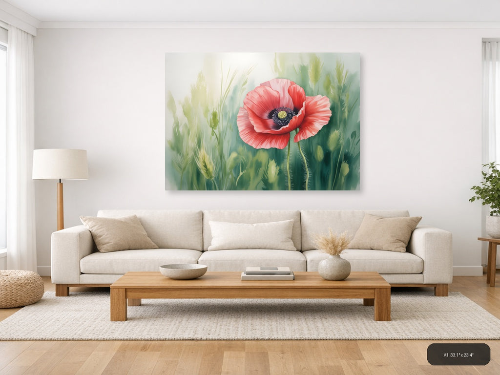 Red Poppy Watercolor Flower with Wheat Field Wall Art — A1 / Living Room