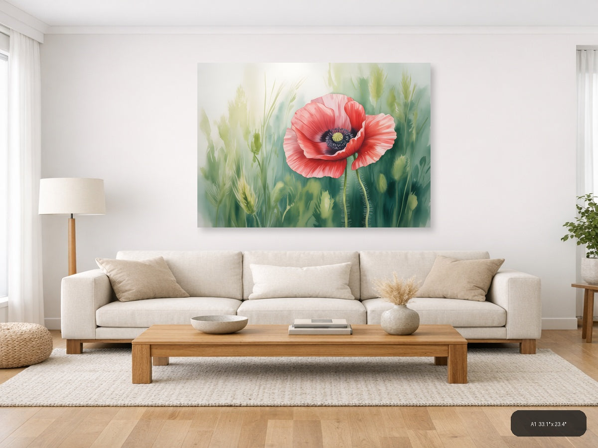 Red Poppy Watercolor Flower with Wheat Field Wall Art — A1 / Living Room